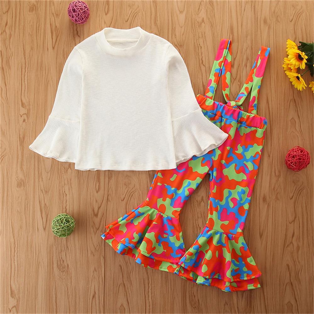 Girls Solid Long Sleeve Jumper & Printed Suspenders Flared Pants Wholesale - PrettyKid