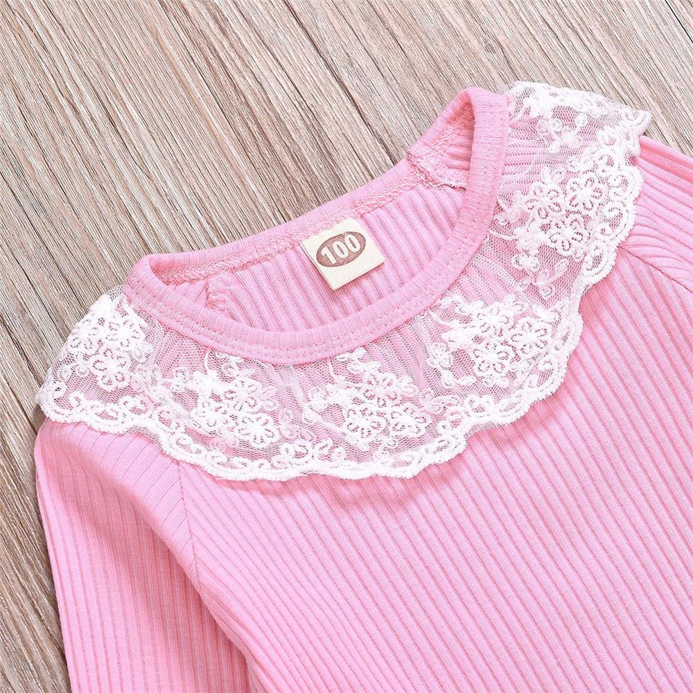 Girls Solid Long Sleeve Lace Crew Neck Tops & Pants - PrettyKid