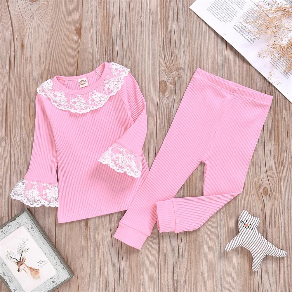 Girls Solid Long Sleeve Lace Crew Neck Tops & Pants - PrettyKid