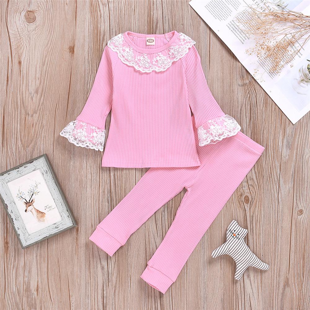 Girls Solid Long Sleeve Lace Crew Neck Tops & Pants - PrettyKid