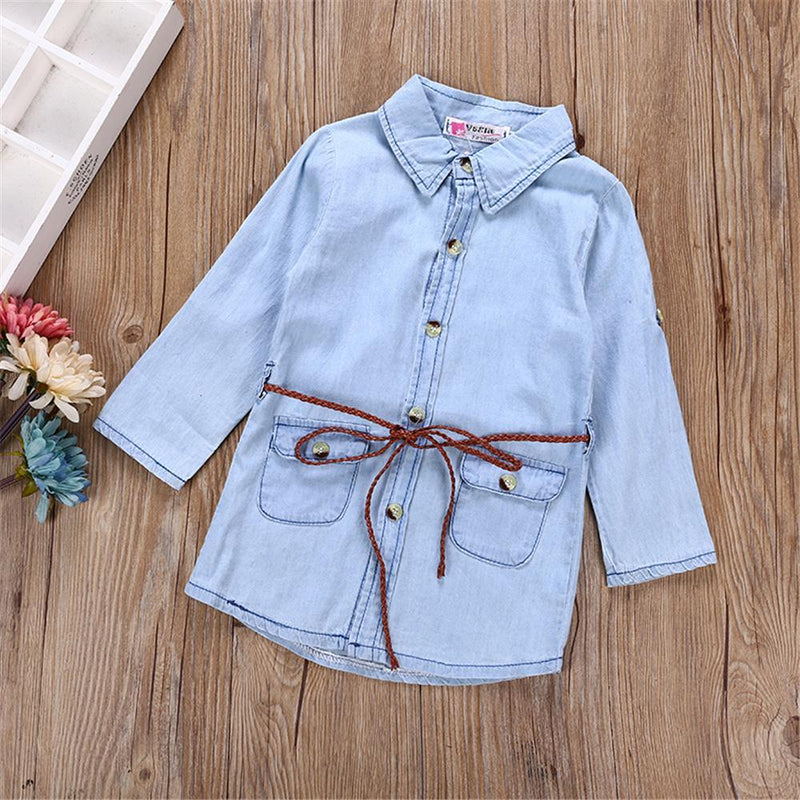 Girls Solid Long Sleeve Lapel Button Denim Wholesale Girls Dresses - PrettyKid