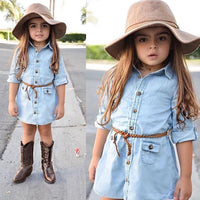 Girls Solid Long Sleeve Lapel Button Denim Wholesale Girls Dresses - PrettyKid