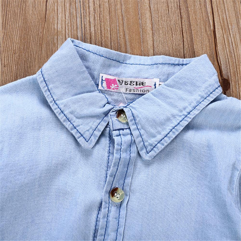 Girls Solid Long Sleeve Lapel Button Denim Wholesale Girls Dresses - PrettyKid