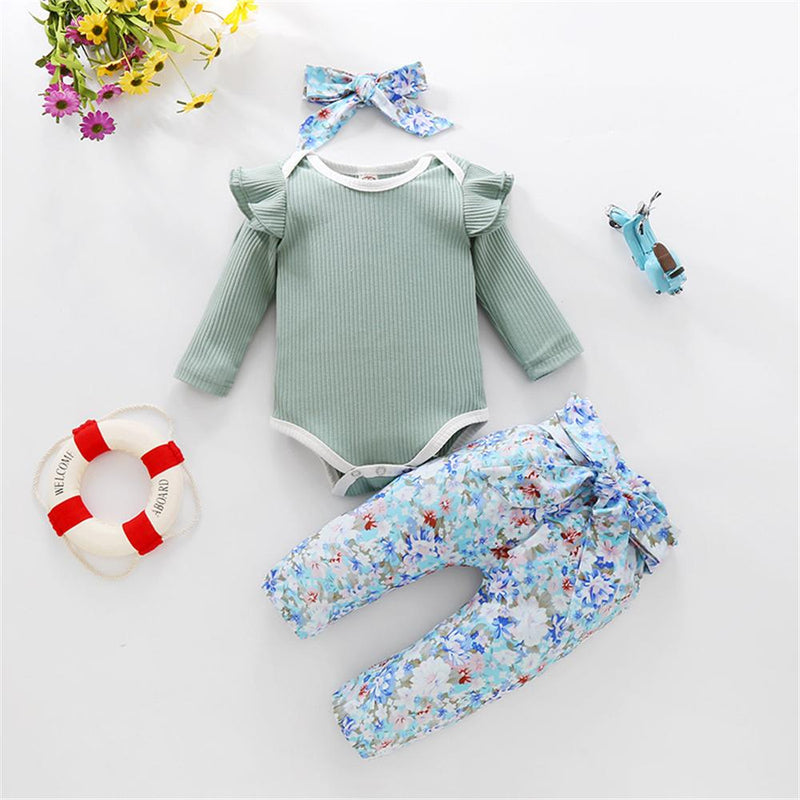 Baby Girls Long Sleeve Romper & Floral Pants & Headband Wholesale Baby - PrettyKid