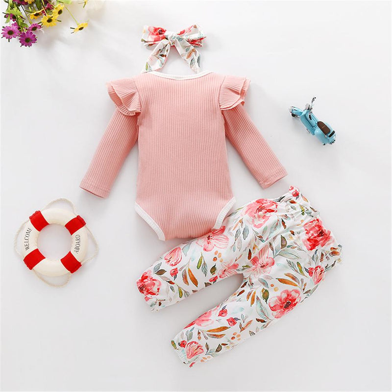 Baby Girls Long Sleeve Romper & Floral Pants & Headband Wholesale Baby - PrettyKid