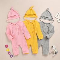 Baby Girls Solid Long Sleeve Romper & Hat Unique Baby Clothes Wholesale - PrettyKid