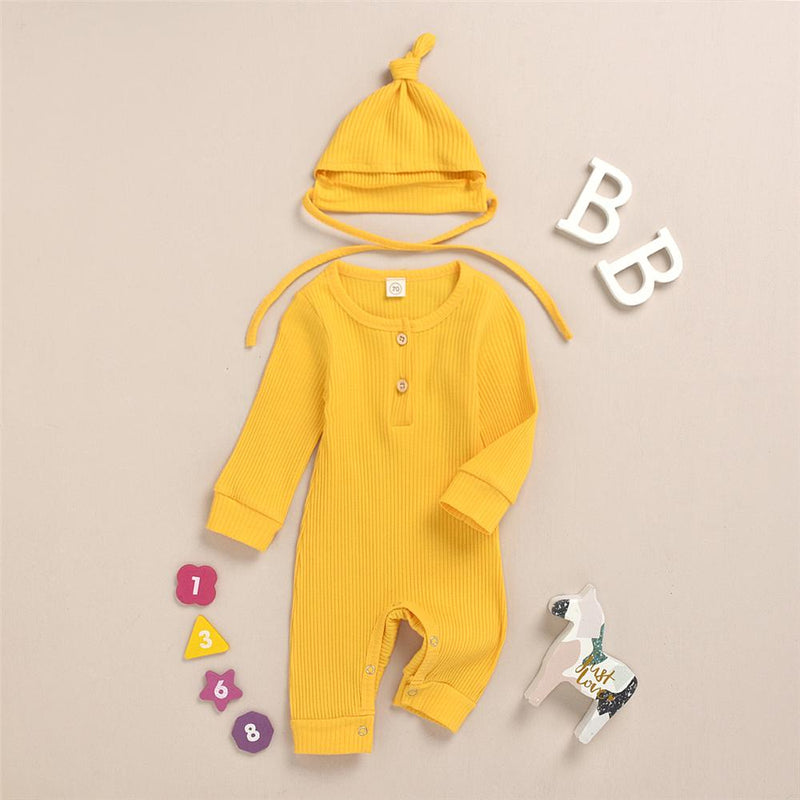 Baby Girls Solid Long Sleeve Romper & Hat Unique Baby Clothes Wholesale - PrettyKid