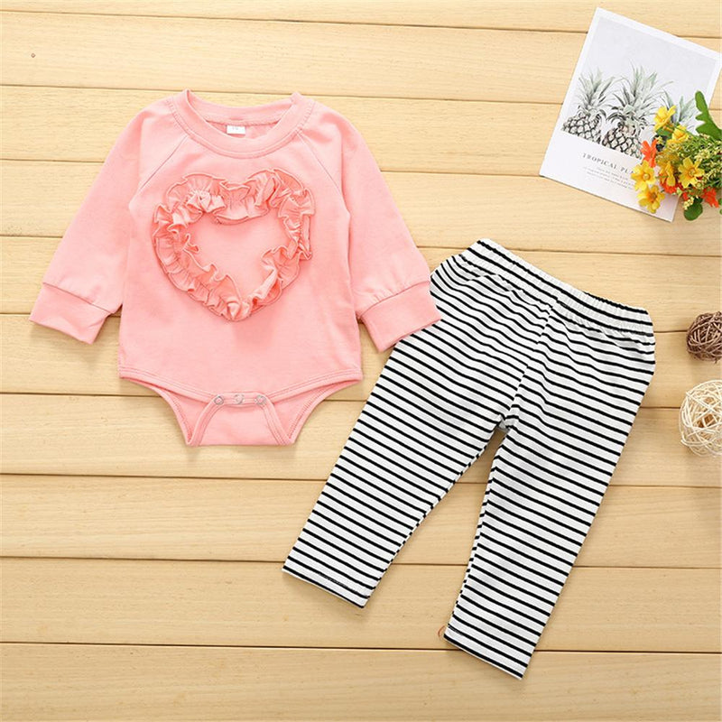 Baby Girls Solid Long Sleeve Romper & Stripe Bottoms Wholesale Baby Outfits - PrettyKid