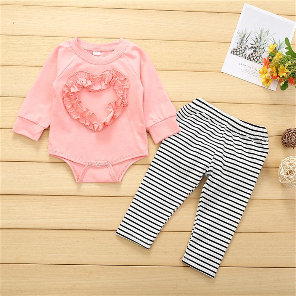 Baby Girls Solid Long Sleeve Romper & Stripe Bottoms Wholesale Baby Outfits - PrettyKid