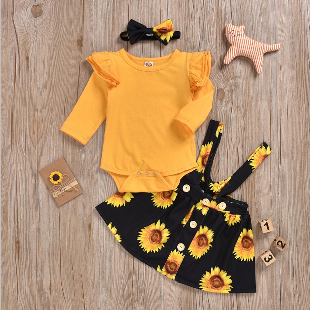 Baby Girls Solid Long Sleeve Romper & Sunflower Suspender Skirt Wholesale - PrettyKid