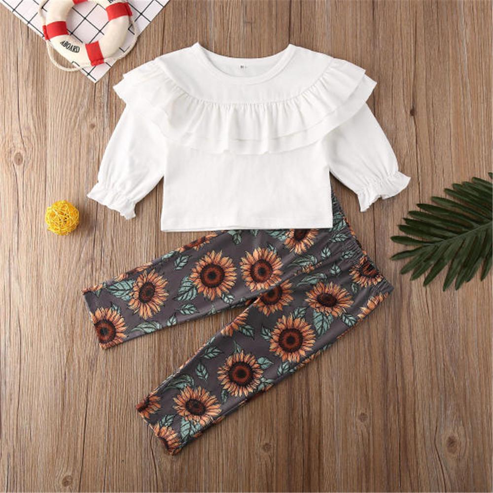 Girls Solid Long Sleeve Ruffle Blouse & Floral Pants - PrettyKid