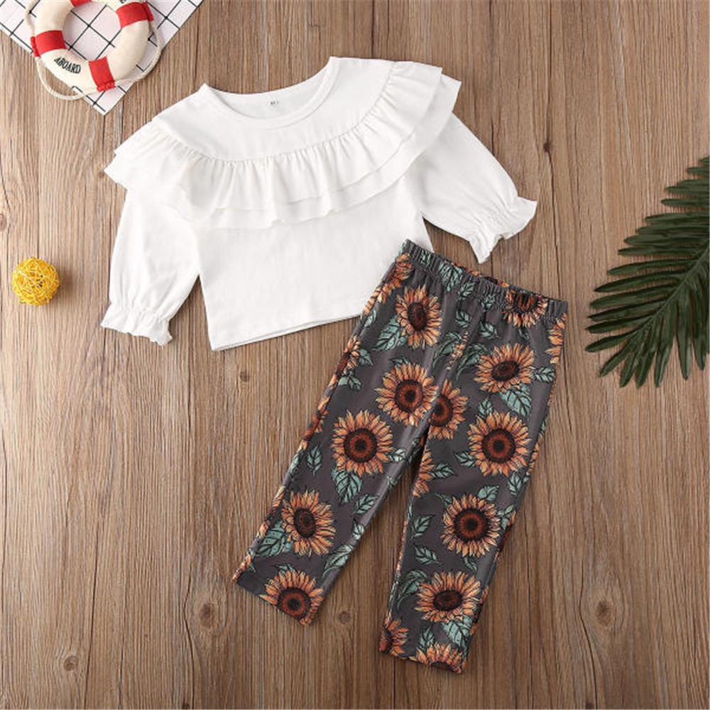 Girls Solid Long Sleeve Ruffle Blouse & Floral Pants - PrettyKid