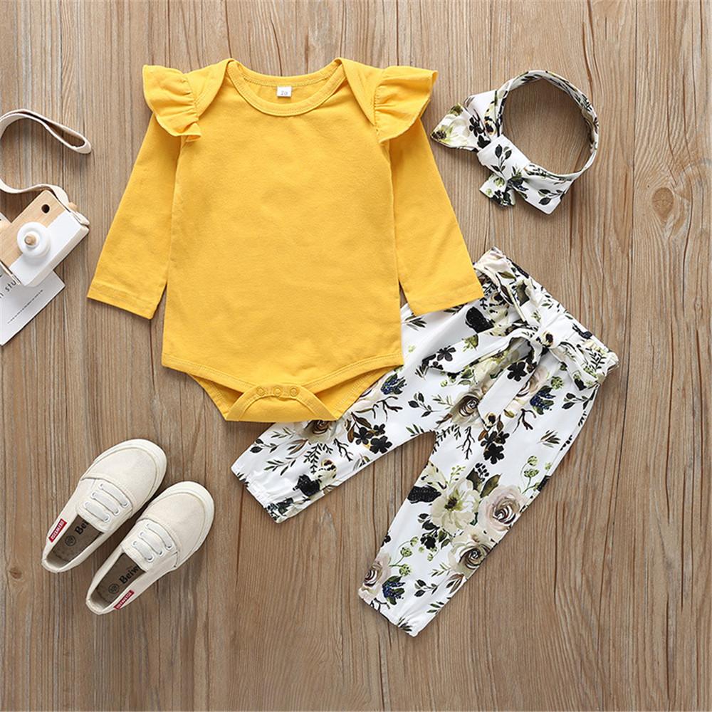 Baby Solid Long Sleeve Ruffled Romper & Floral Pants & Headband - PrettyKid