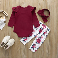 Baby Solid Long Sleeve Ruffled Romper & Floral Pants & Headband - PrettyKid