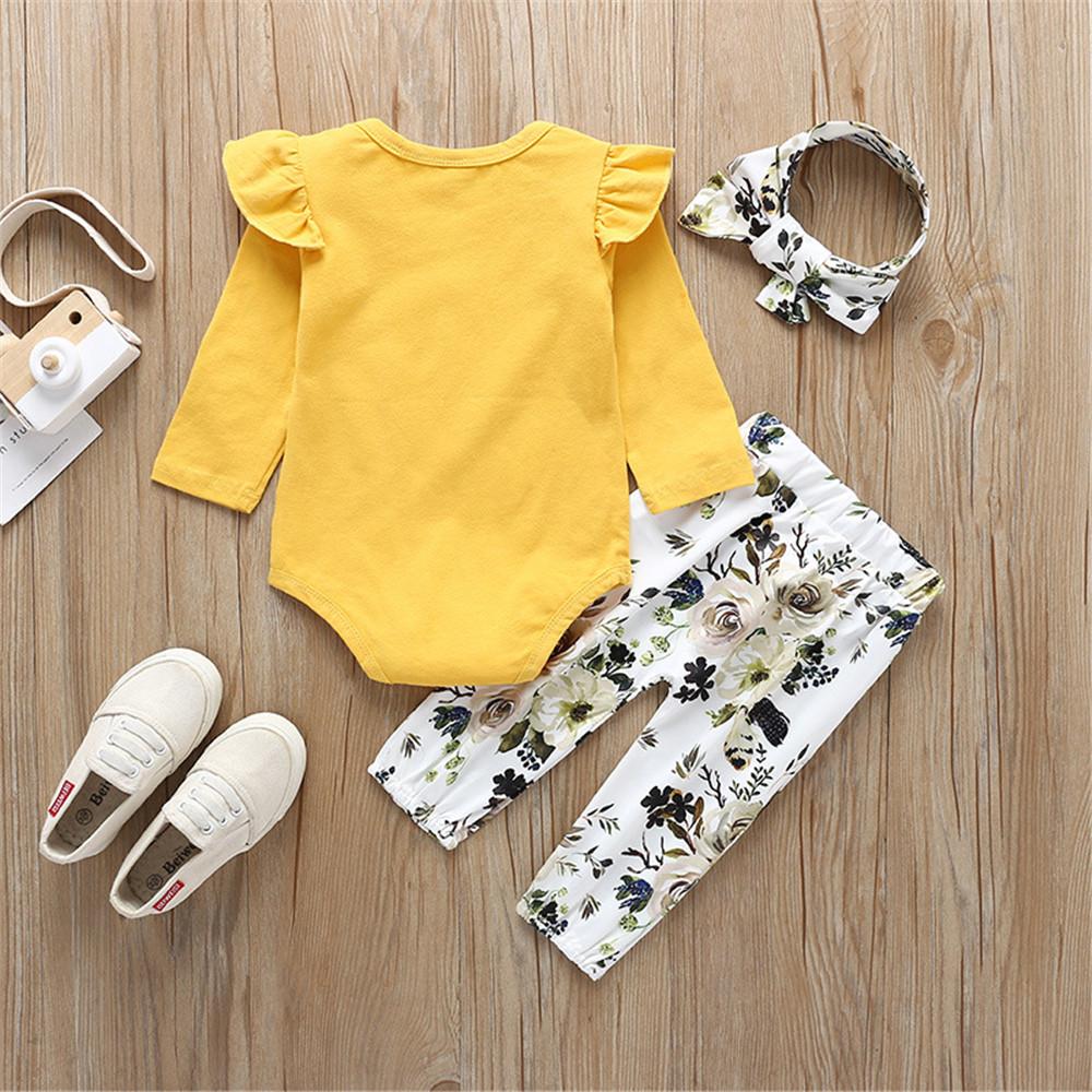 Baby Solid Long Sleeve Ruffled Romper & Floral Pants & Headband - PrettyKid