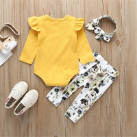 Baby Solid Long Sleeve Ruffled Romper & Floral Pants & Headband - PrettyKid