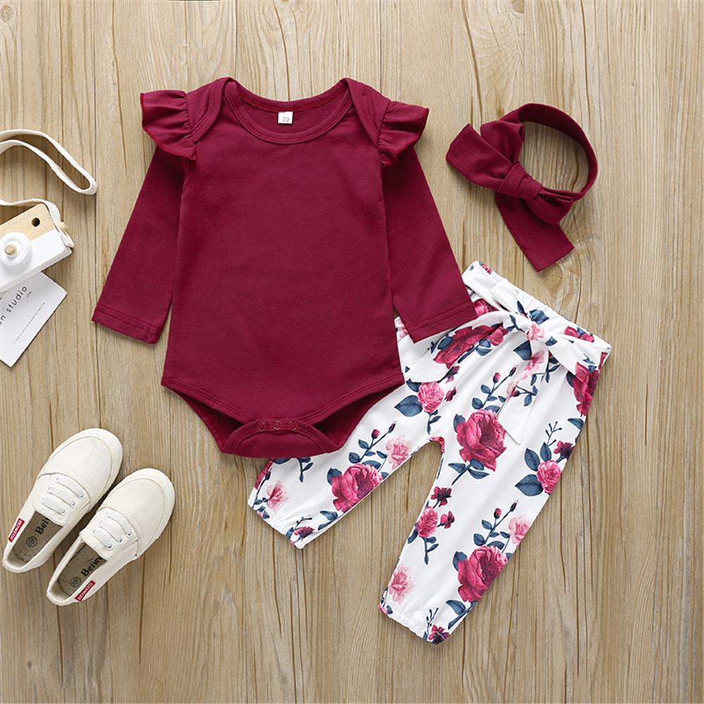 Baby Solid Long Sleeve Ruffled Romper & Floral Pants & Headband - PrettyKid