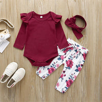 Baby Solid Long Sleeve Ruffled Romper & Floral Pants & Headband - PrettyKid