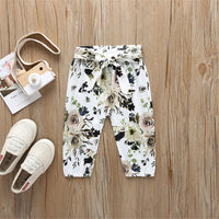 Baby Solid Long Sleeve Ruffled Romper & Floral Pants & Headband - PrettyKid