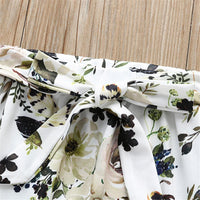 Baby Solid Long Sleeve Ruffled Romper & Floral Pants & Headband - PrettyKid