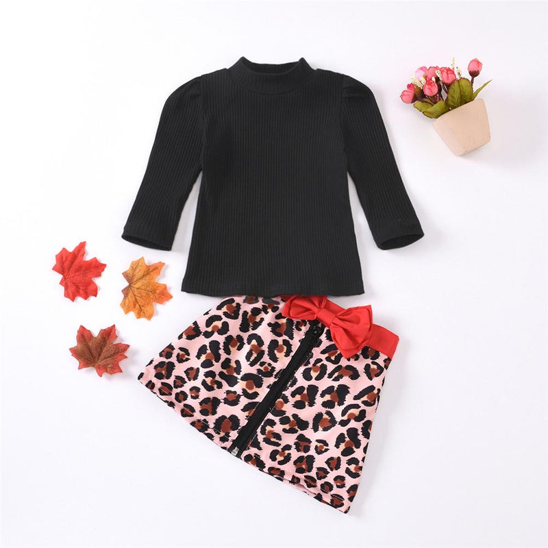 Girls Solid Long Sleeve Sweaters & Leopard Bow Skirt Girl Wholesale - PrettyKid