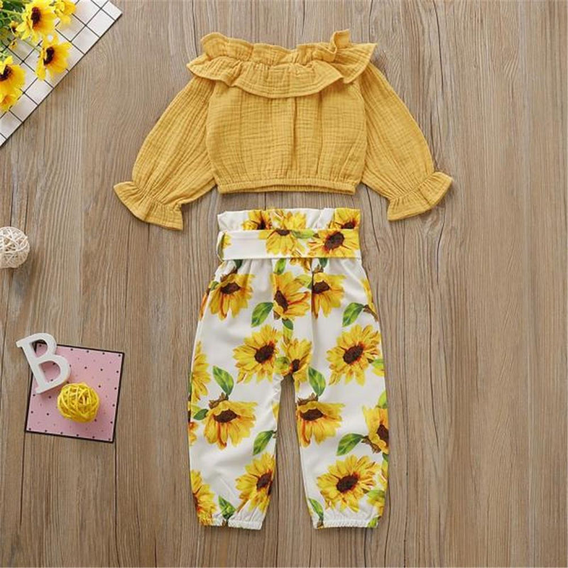 Girls Solid Long Sleeve Top & Floral Printed Pants - PrettyKid