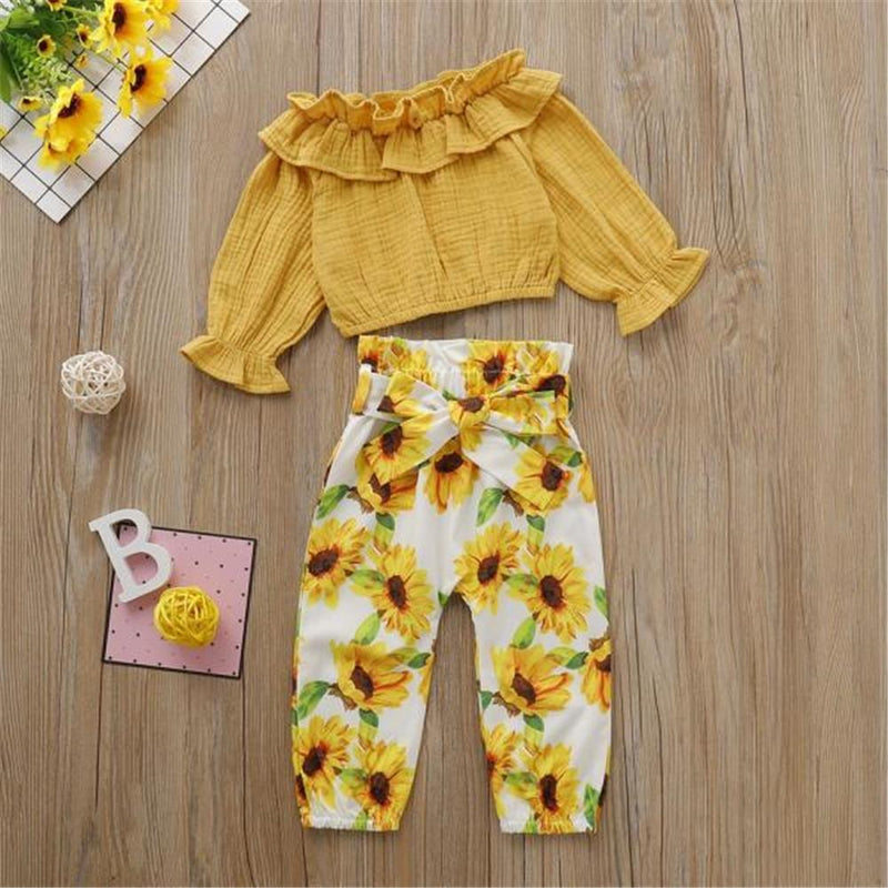 Girls Solid Long Sleeve Top & Floral Printed Pants - PrettyKid