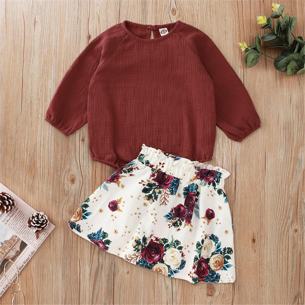 Baby Girls Solid Long Sleeve Top & Floral Skirt Baby Clothing In Bulk - PrettyKid