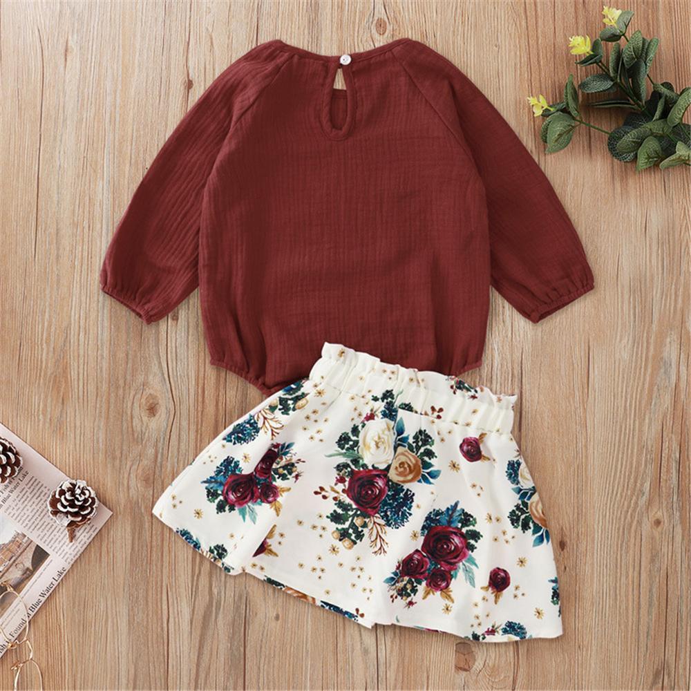 Baby Girls Solid Long Sleeve Top & Floral Skirt Baby Clothing In Bulk - PrettyKid
