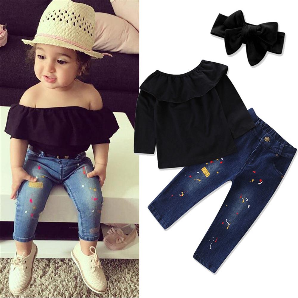 Toddler Girls Solid Long Sleeve Top & Jeans Girls Clothes Wholesale - PrettyKid