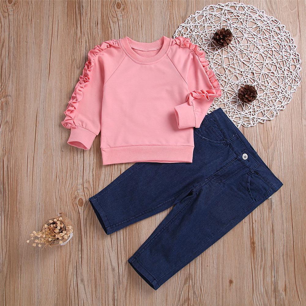 Girls Solid Long Sleeve Top & Jeans Wholesale Girls Boutique Clothing - PrettyKid