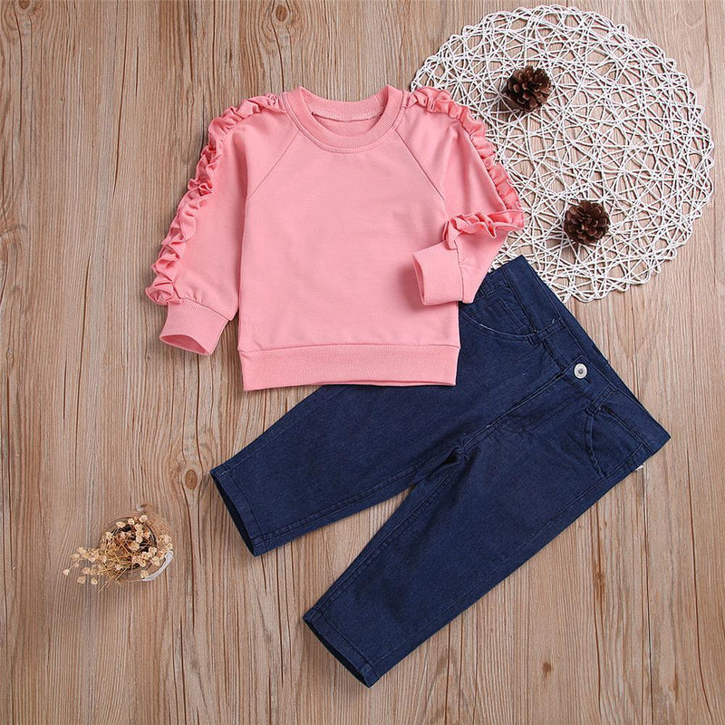 Girls Solid Long Sleeve Top & Jeans Wholesale Girls Boutique Clothing - PrettyKid