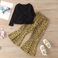 Girls Solid Long Sleeve Top & Leopard Flared Pants Kids Wholesale clothes - PrettyKid