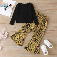 Girls Solid Long Sleeve Top & Leopard Flared Pants Kids Wholesale clothes - PrettyKid