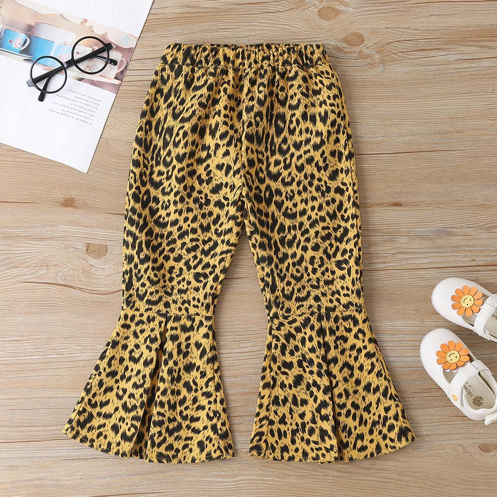 Girls Solid Long Sleeve Top & Leopard Flared Pants Kids Wholesale clothes - PrettyKid