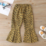Girls Solid Long Sleeve Top & Leopard Flared Pants Kids Wholesale clothes - PrettyKid