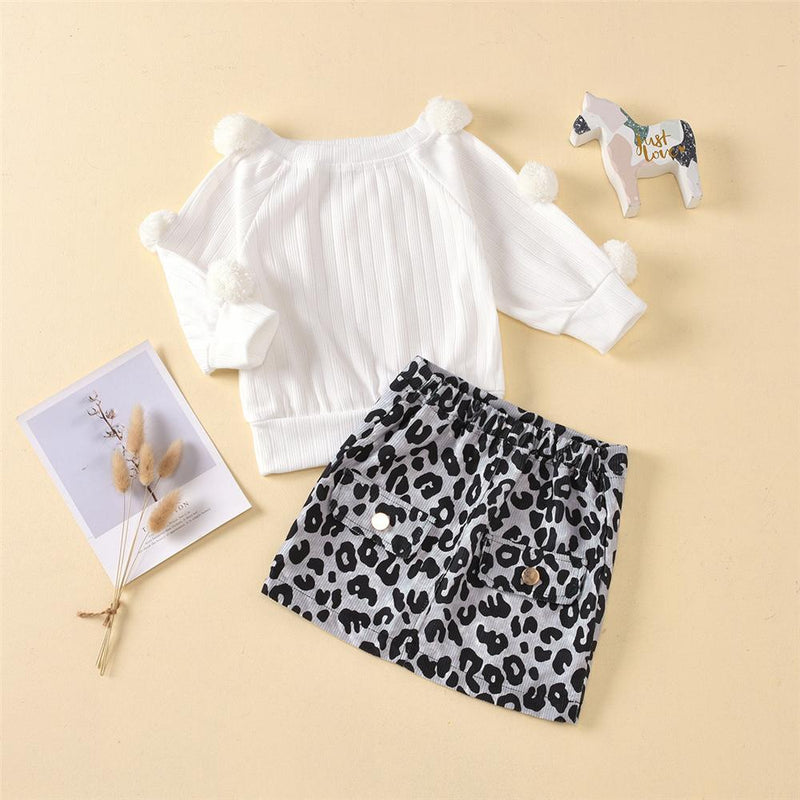 Toddler Girls Solid Long Sleeve Top & Leopard Skirt Girls Wholesale - PrettyKid