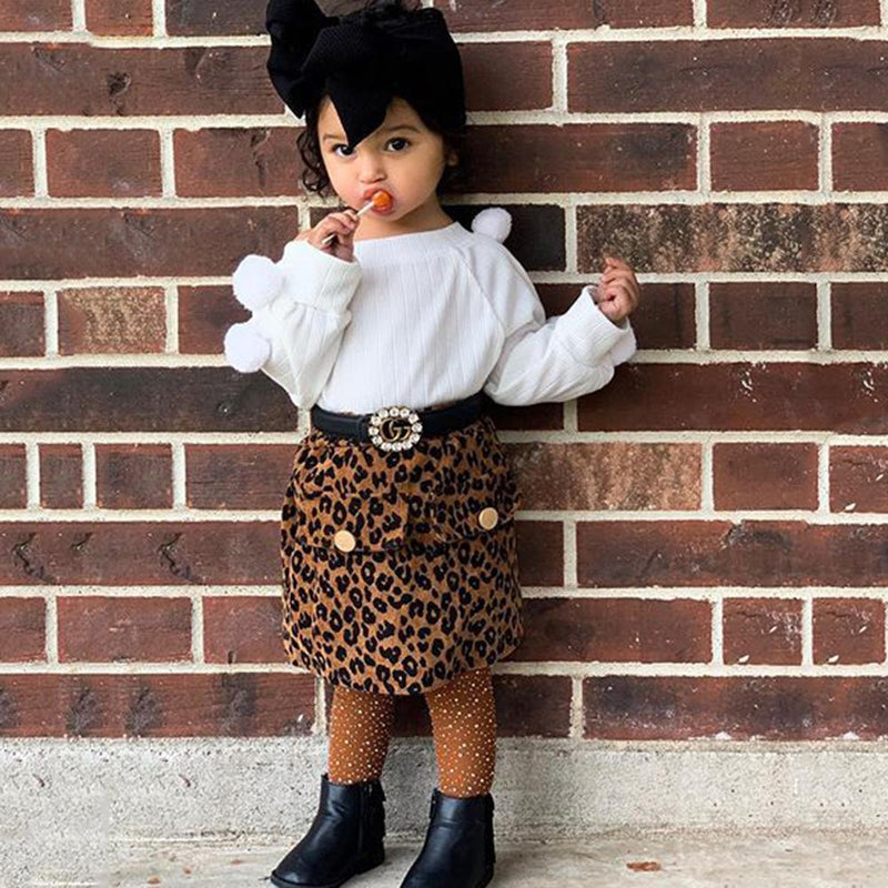 Toddler Girls Solid Long Sleeve Top & Leopard Skirt Girls Wholesale - PrettyKid