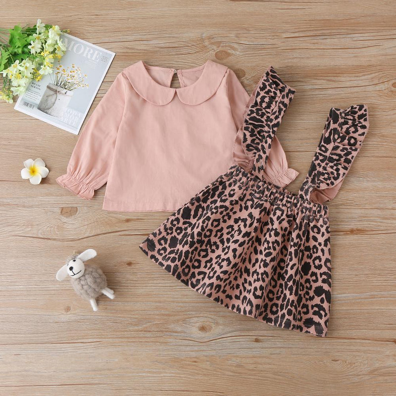 Baby Girls Solid Long Sleeve Top & Leopard Suspender Skirt Baby Clothing Cheap Wholesale - PrettyKid