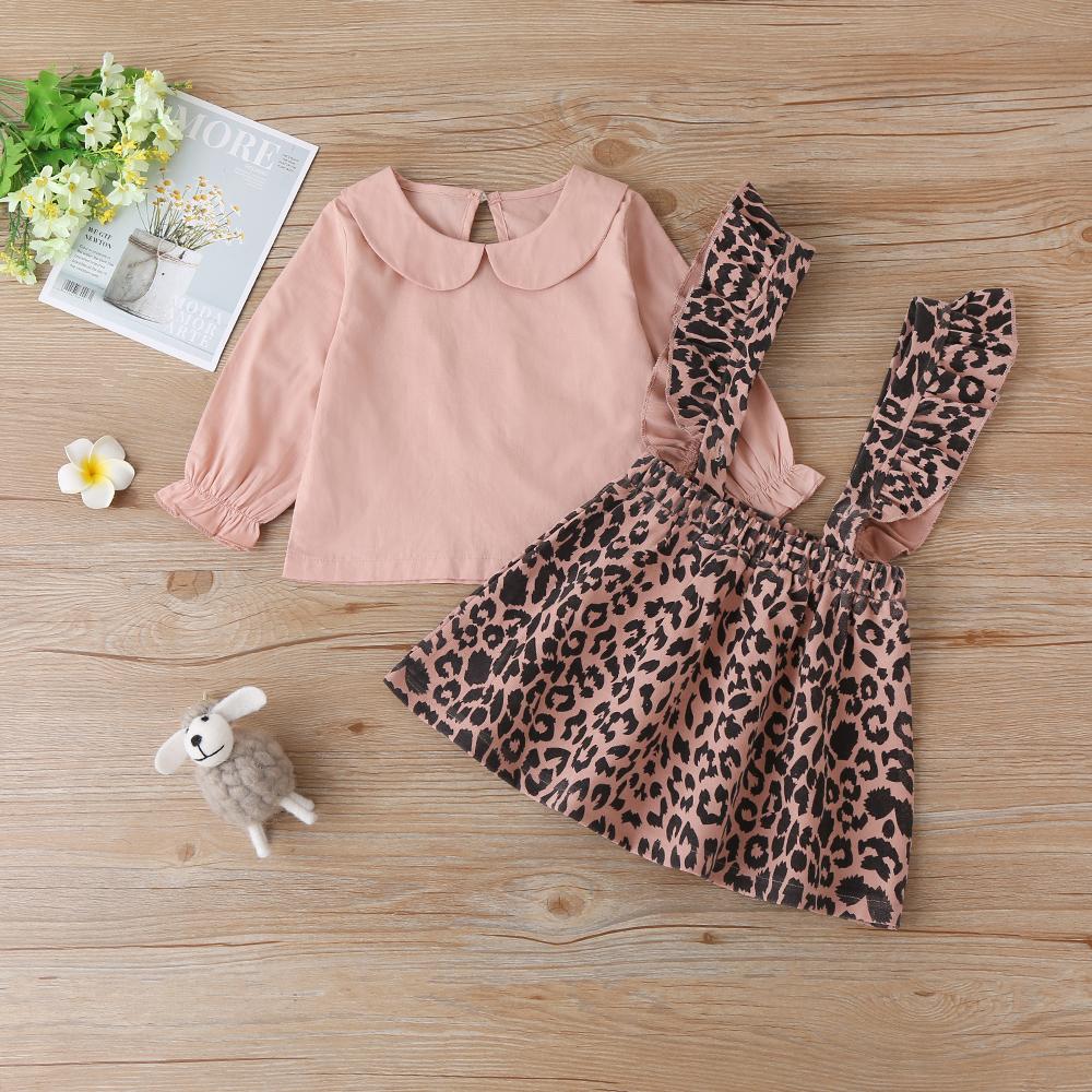 Baby Girls Solid Long Sleeve Top & Leopard Suspender Skirt Baby Clothing Cheap Wholesale - PrettyKid