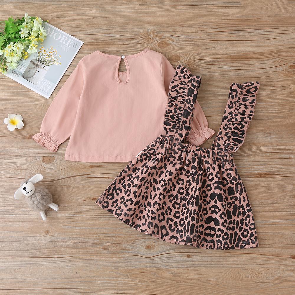 Baby Girls Solid Long Sleeve Top & Leopard Suspender Skirt Baby Clothing Cheap Wholesale - PrettyKid