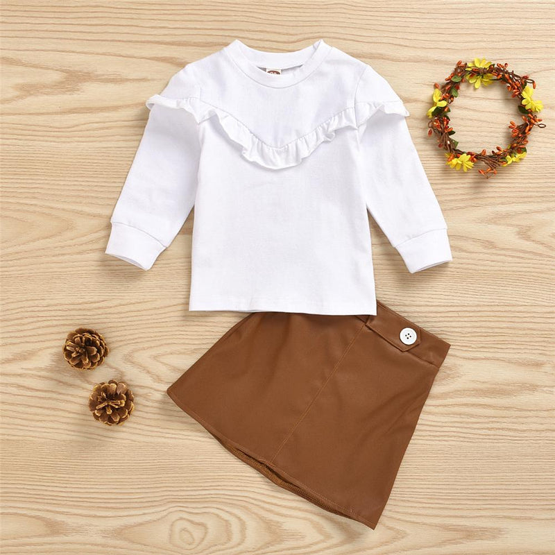 Girls Solid Long Sleeve Top & PU Skirt Wholesale Girls Boutique Clothing - PrettyKid