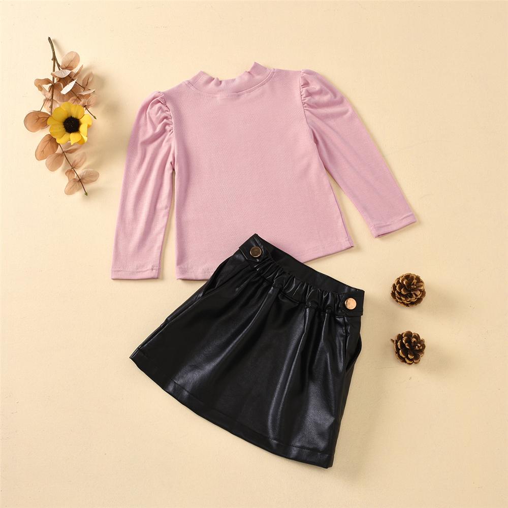 Girls Solid Long Sleeve Top & PU Skirt Wholesale Girls Clothes - PrettyKid