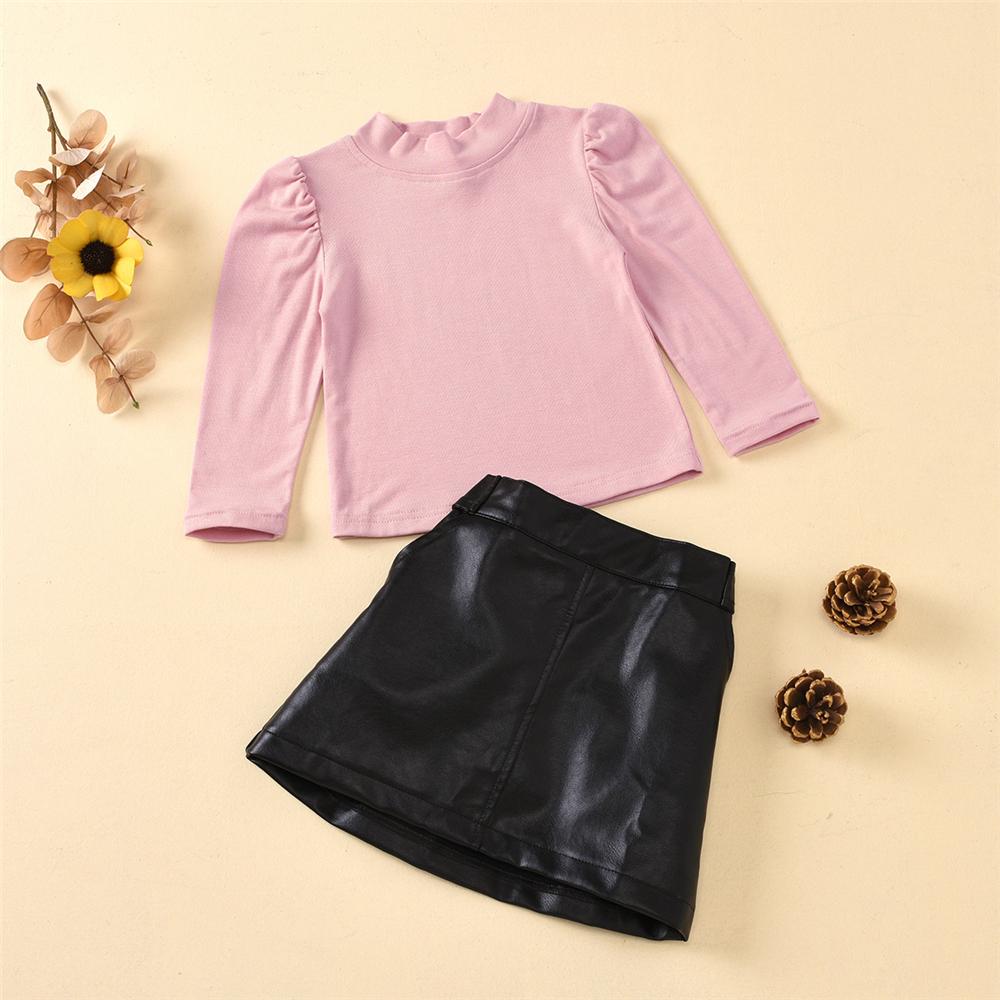 Girls Solid Long Sleeve Top & PU Skirt Wholesale Girls Clothes - PrettyKid