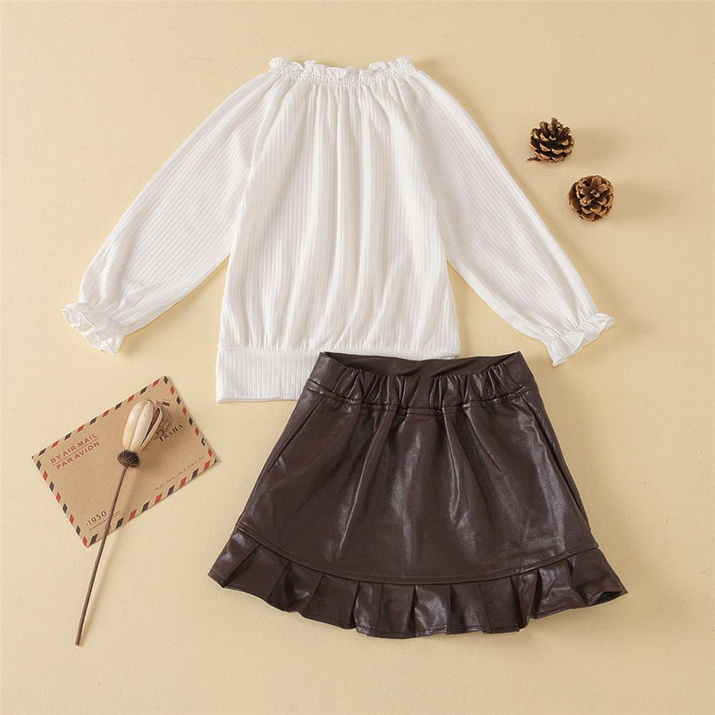 Toddler Girls Solid Long Sleeve Top & PU Skirt Wholesale Little Girls Clothes - PrettyKid