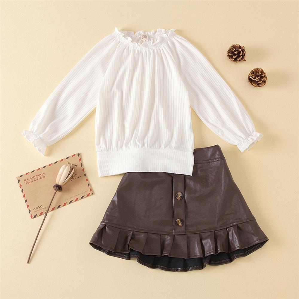 Toddler Girls Solid Long Sleeve Top & PU Skirt Wholesale Little Girls Clothes - PrettyKid