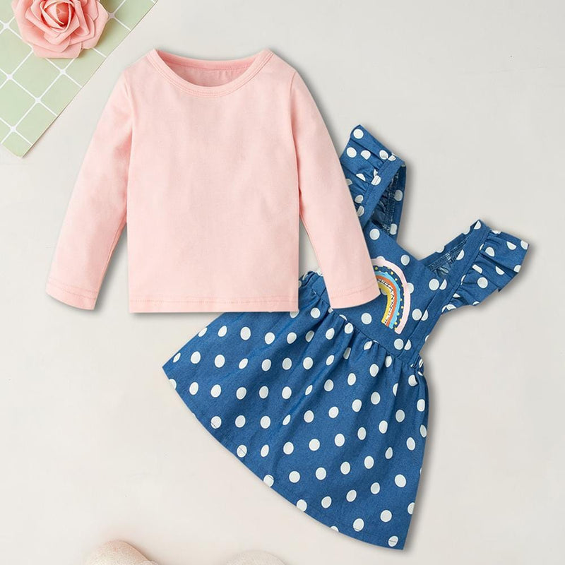 Baby Girls Solid Long Sleeve Top & Polka Dot Rainbow Dress Cheap Baby Clothes In Bulk - PrettyKid