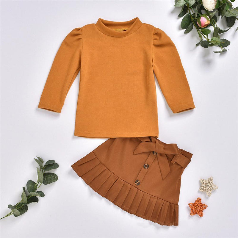 Girls Solid Long Sleeve Tops & Pleated Skirts - PrettyKid