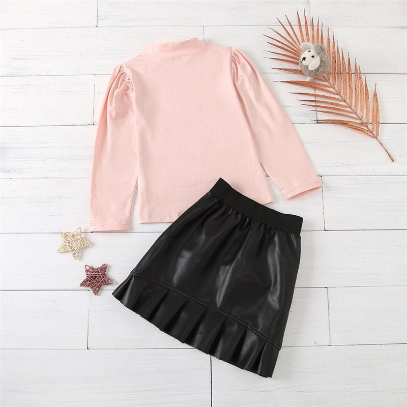 Girls Solid Long Sleeve Turtleneck Top & PU Skirt Kids Wholesale Clothing - PrettyKid