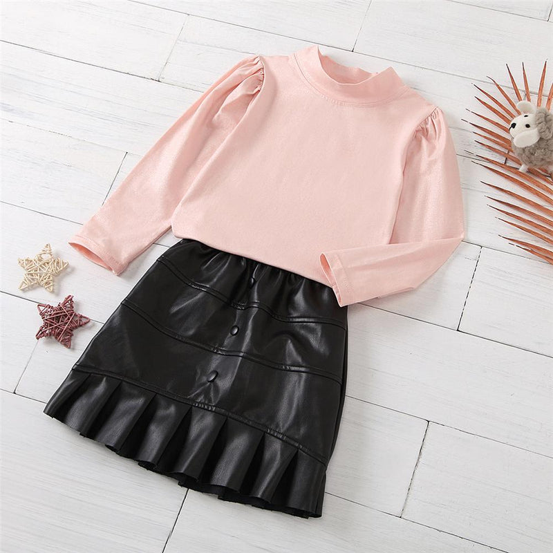 Girls Solid Long Sleeve Turtleneck Top & PU Skirt Kids Wholesale Clothing - PrettyKid